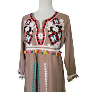 Vintage 70s Afghan Embroidery Hippie Maxi dress Tunic Bohemian Style LG